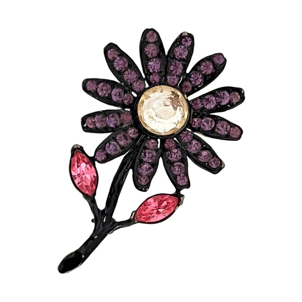 Vintage 1970s Daisy Brooch Pink Rhinestones Black Enamel Floral - 1K
